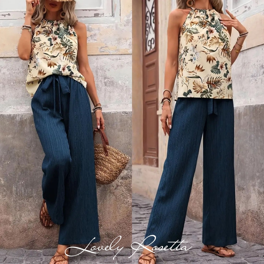 Women's Blue Two-Piece Pants Set